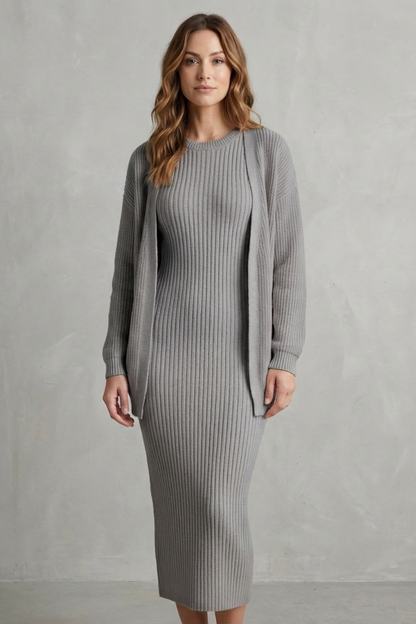 Women's Ribbed Knit Jumper Dress and Cardigan Two-Piece Set