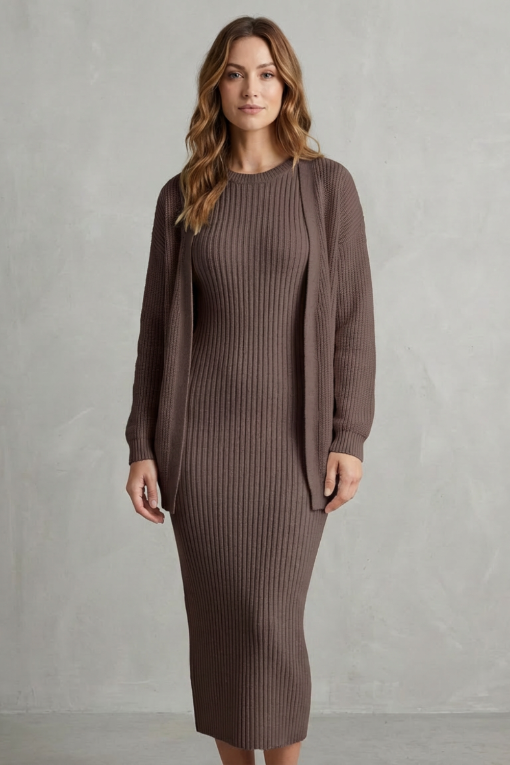 Women's Ribbed Knit Jumper Dress and Cardigan Two-Piece Set