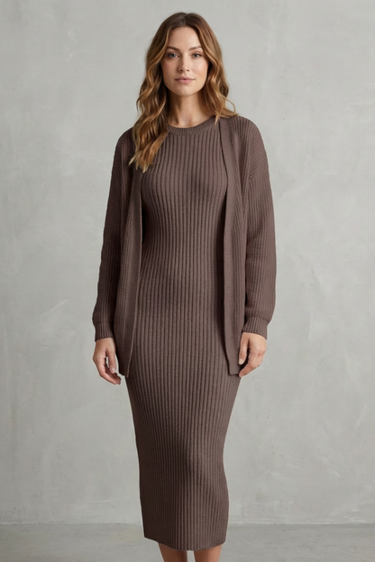 Women's Ribbed Knit Jumper Dress and Cardigan Two-Piece Set