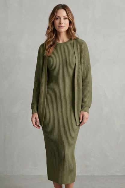 Women's Ribbed Knit Jumper Dress and Cardigan Two-Piece Set