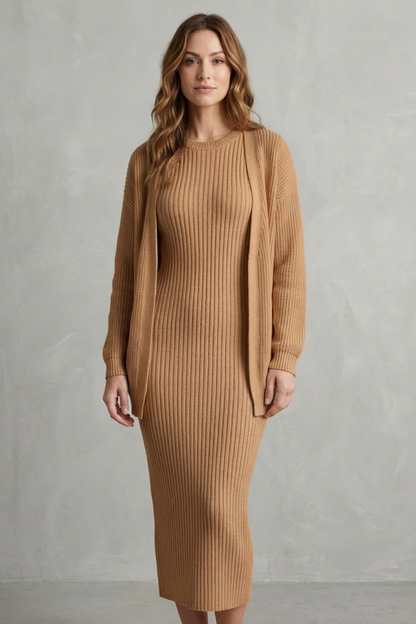 Women's Ribbed Knit Jumper Dress and Cardigan Two-Piece Set