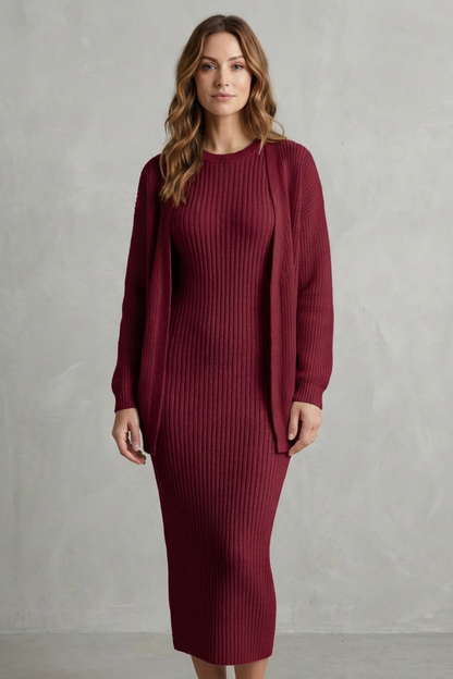 Women's Ribbed Knit Jumper Dress and Cardigan Two-Piece Set