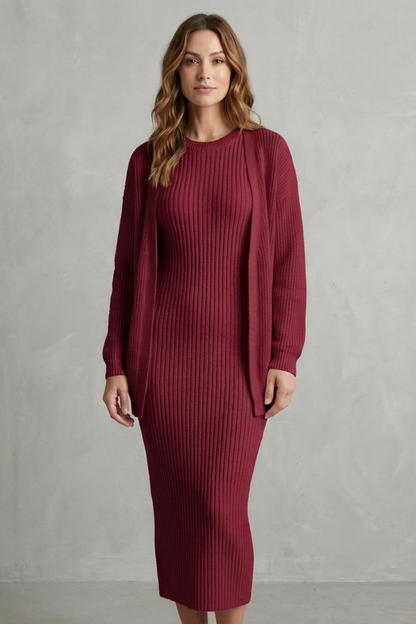 Women's Ribbed Knit Jumper Dress and Cardigan Two-Piece Set