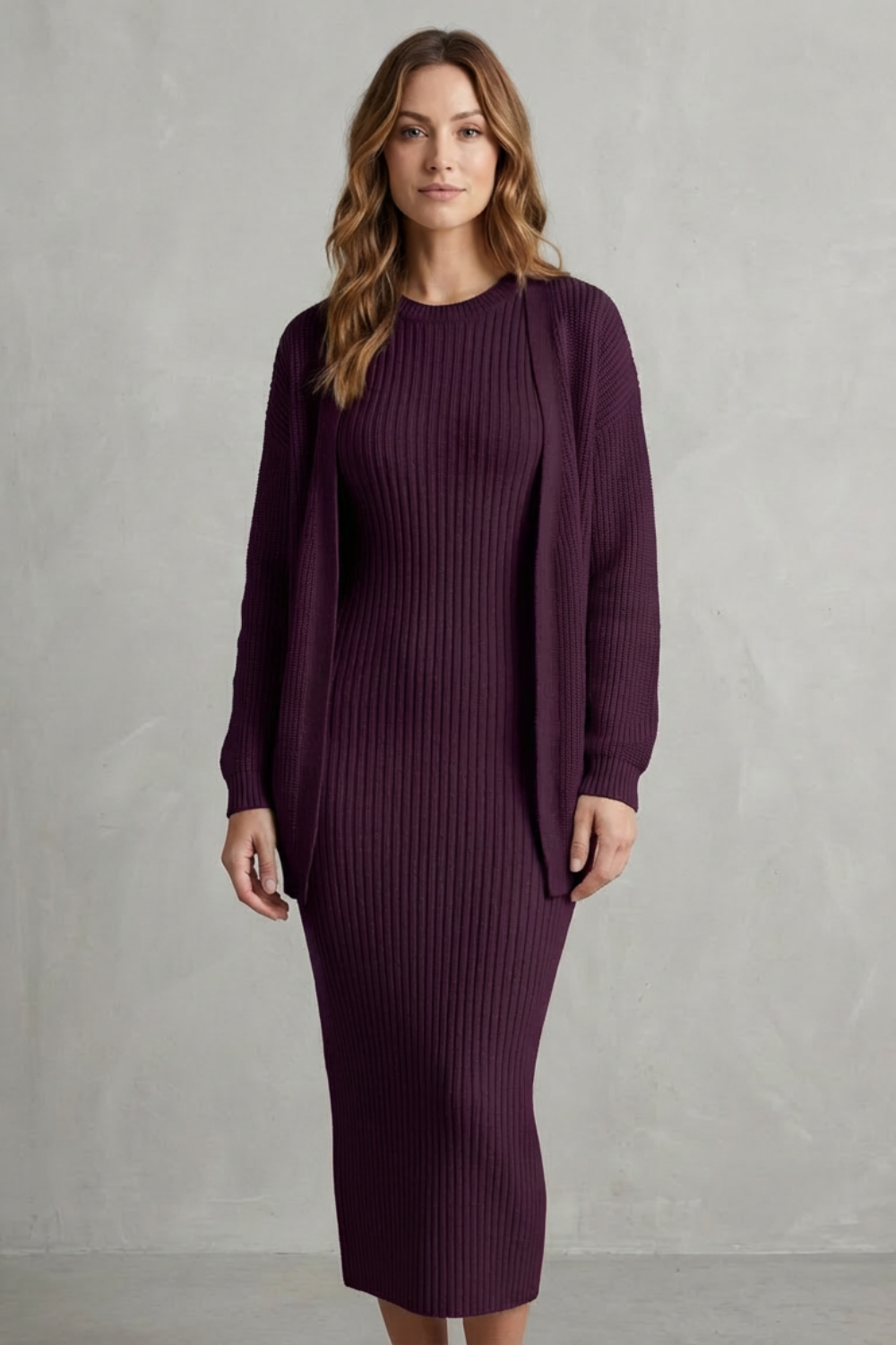 Women's Ribbed Knit Jumper Dress and Cardigan Two-Piece Set