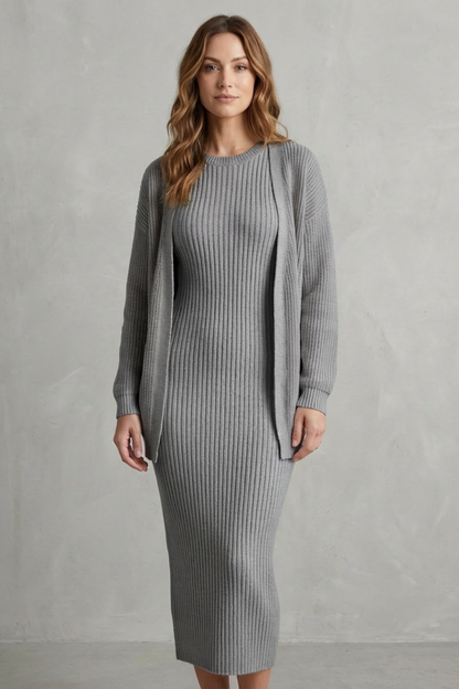 Women's Ribbed Knit Jumper Dress and Cardigan Two-Piece Set