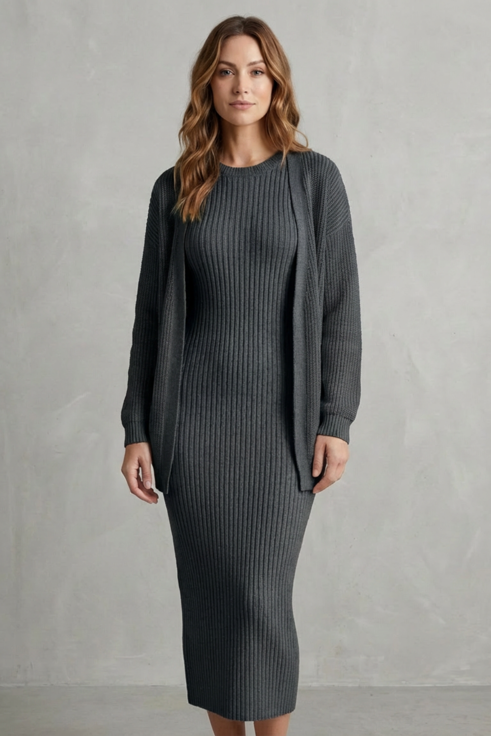 Women's Ribbed Knit Jumper Dress and Cardigan Two-Piece Set