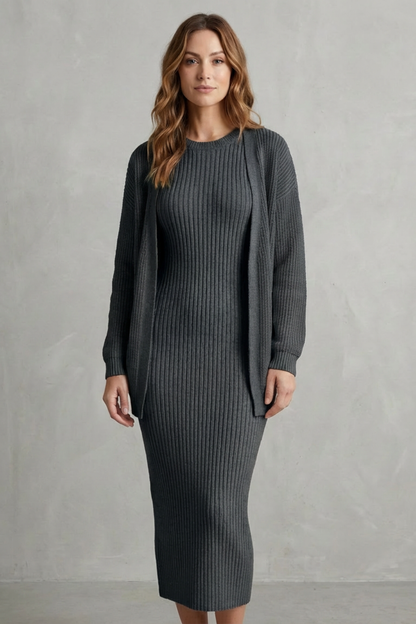 Women's Ribbed Knit Jumper Dress and Cardigan Two-Piece Set