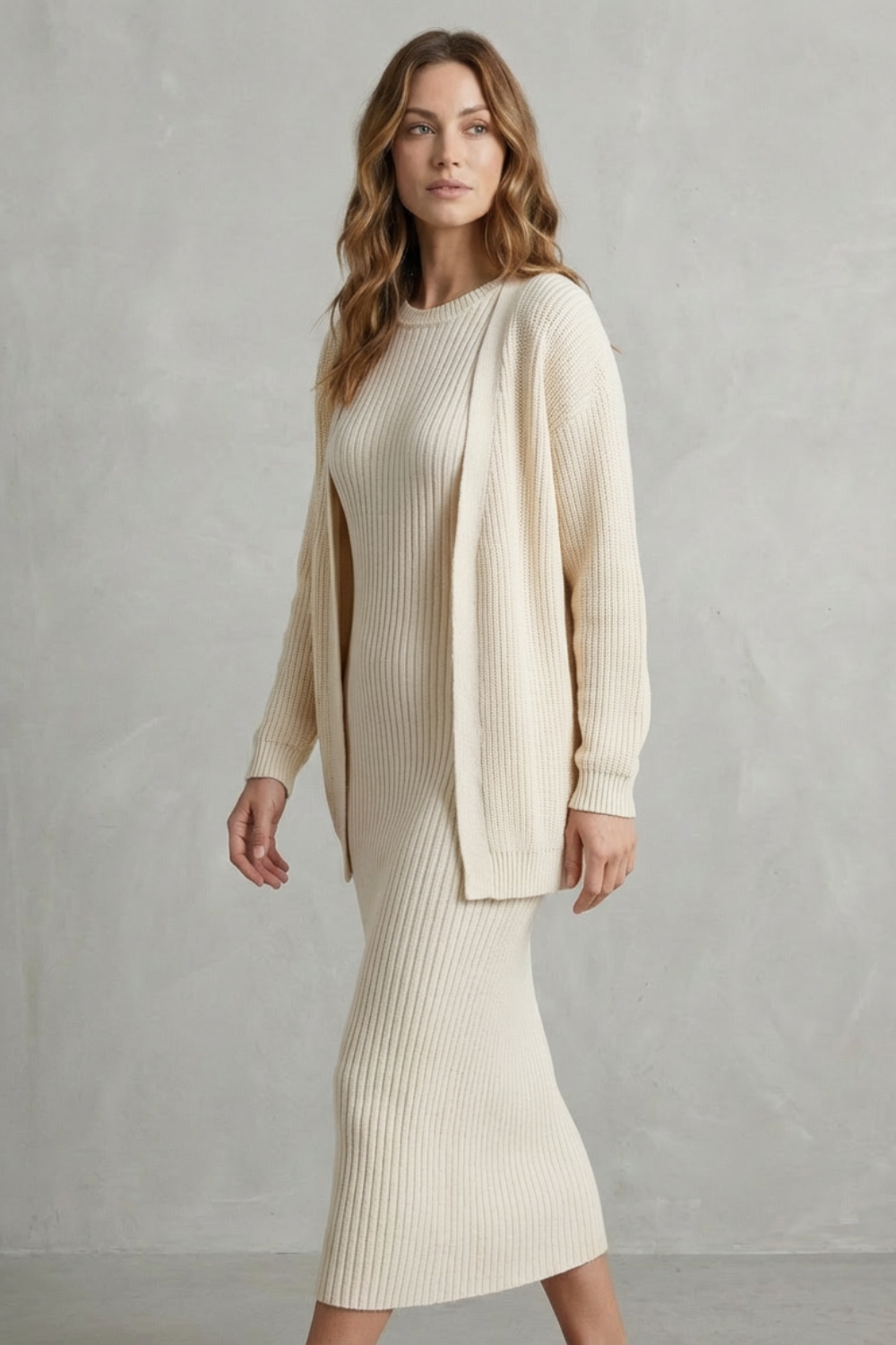 Women's Ribbed Knit Jumper Dress and Cardigan Two-Piece Set