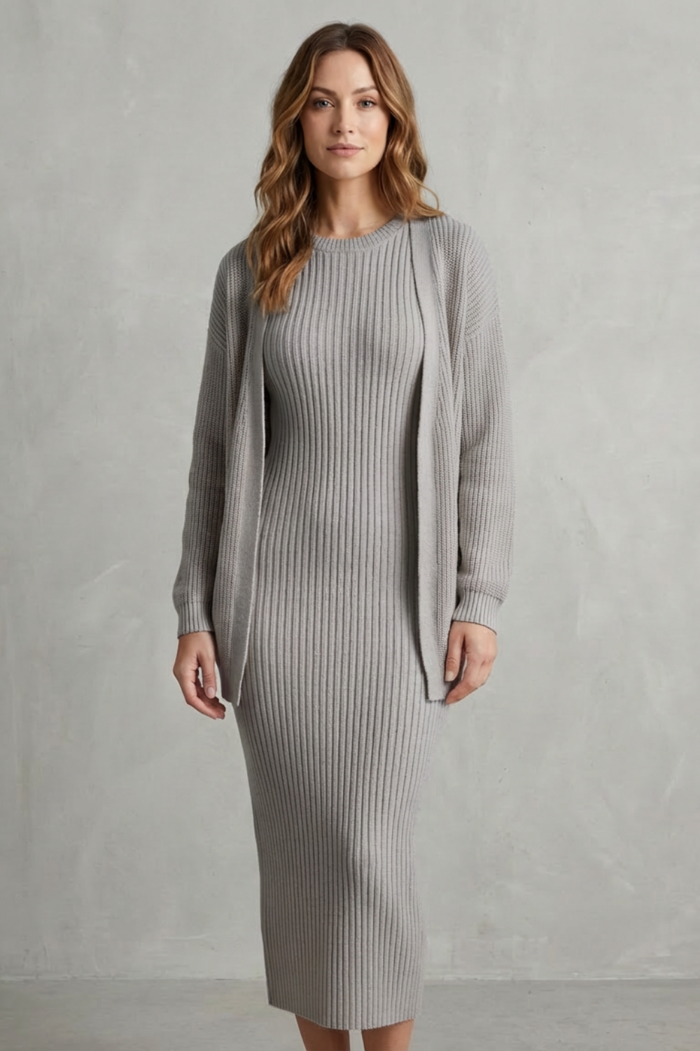 Women's Ribbed Knit Jumper Dress and Cardigan Two-Piece Set