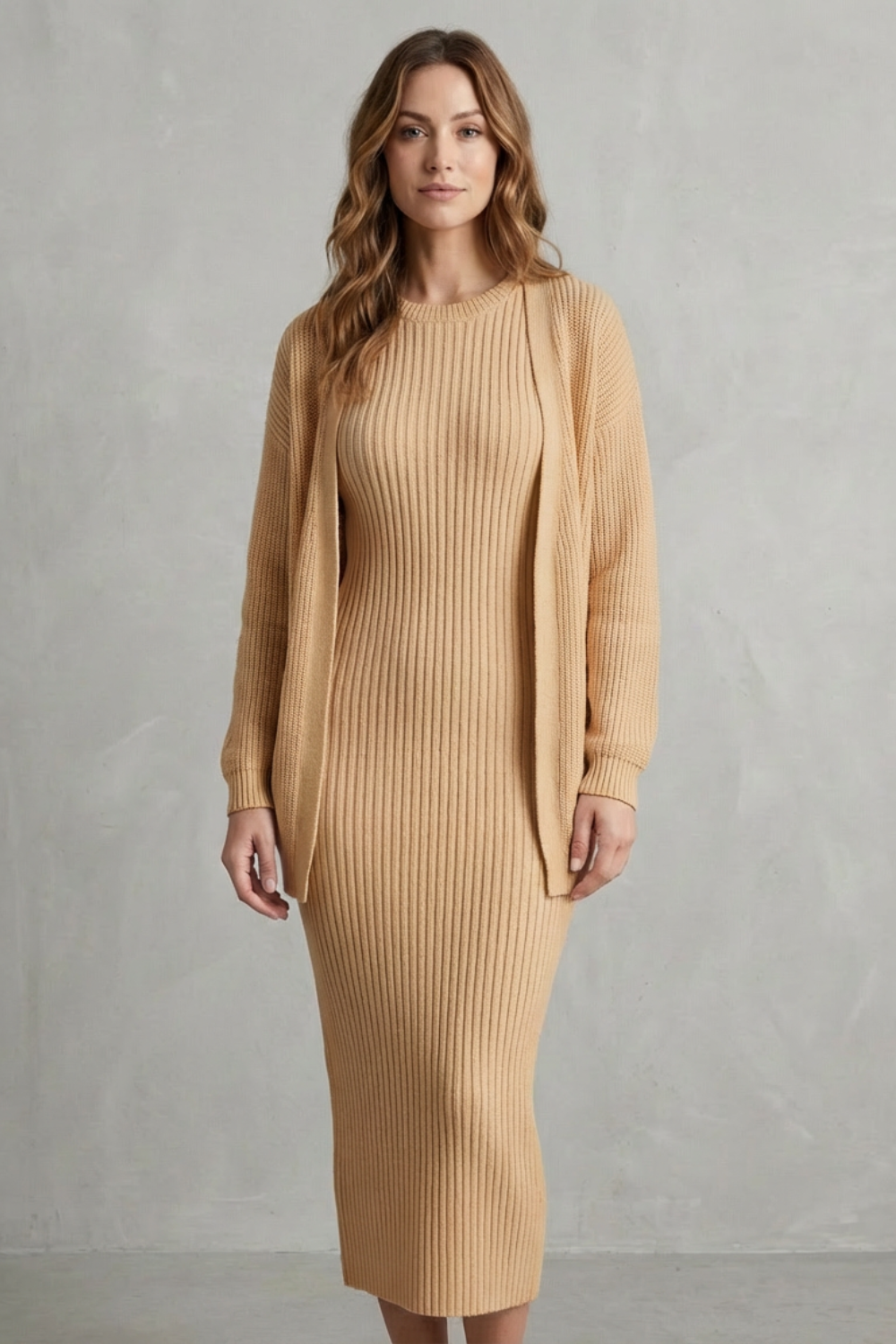 Women's Ribbed Knit Jumper Dress and Cardigan Two-Piece Set