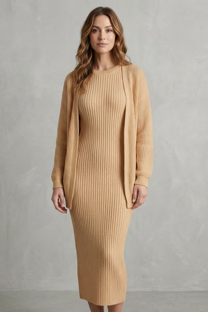 Women's Ribbed Knit Jumper Dress and Cardigan Two-Piece Set