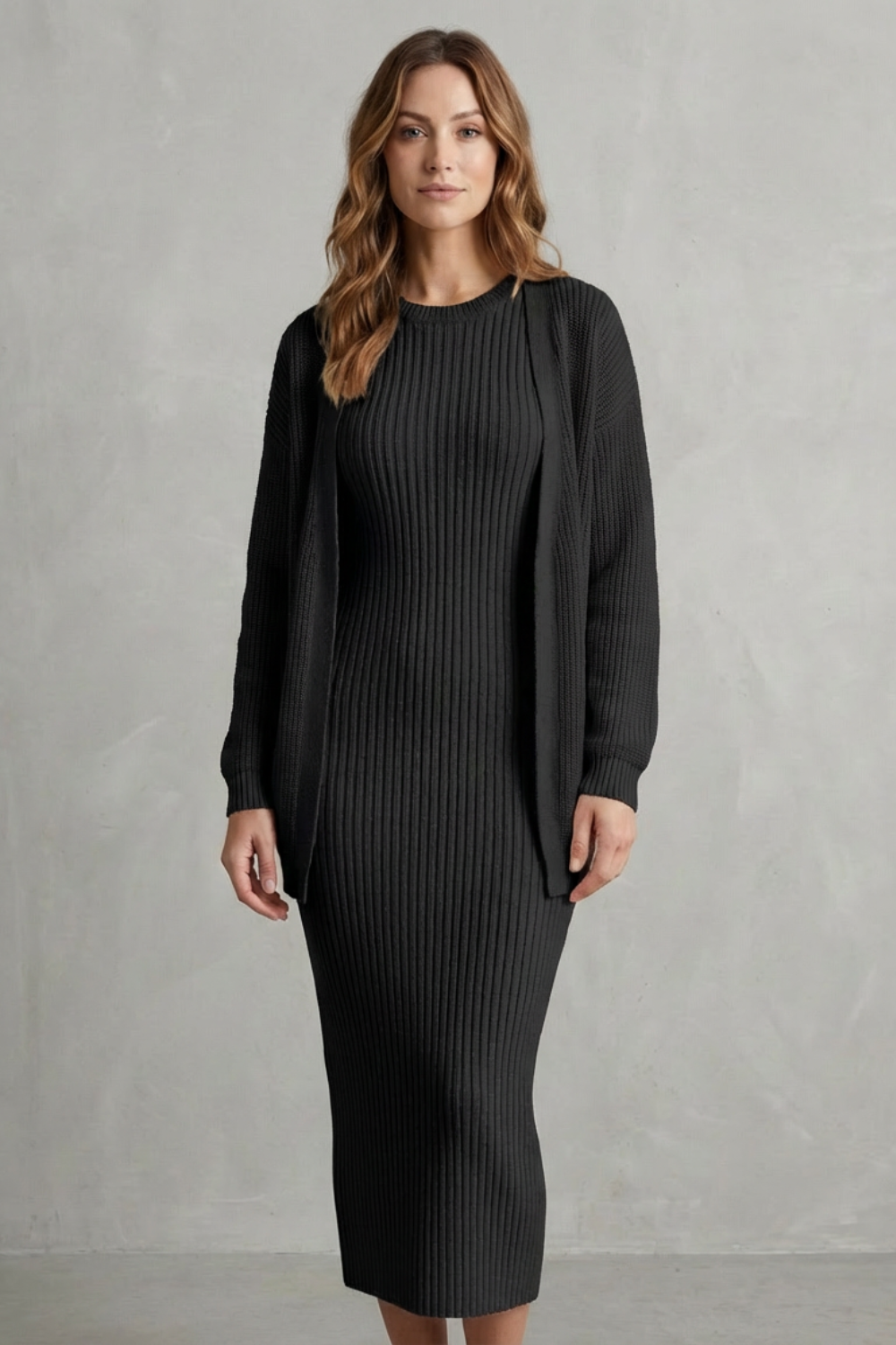 Women's Ribbed Knit Jumper Dress and Cardigan Two-Piece Set