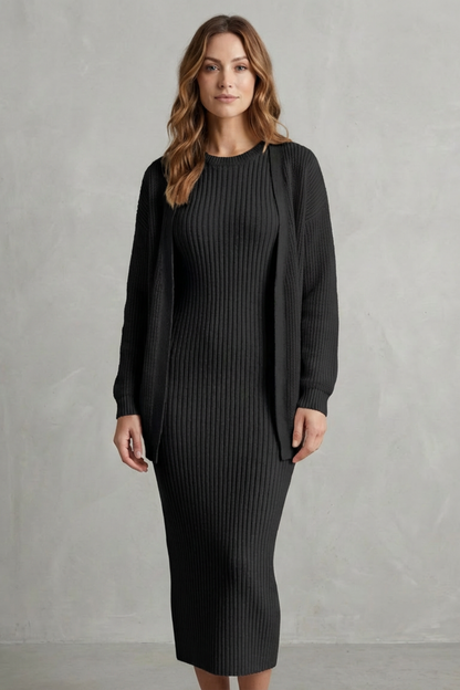 Women's Ribbed Knit Jumper Dress and Cardigan Two-Piece Set