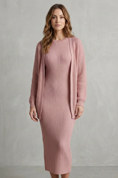 Women's Ribbed Knit Jumper Dress and Cardigan Two-Piece Set