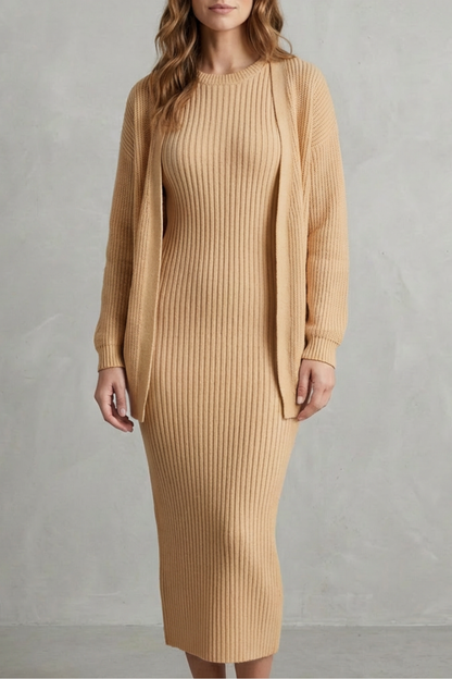 Women's Ribbed Knit Jumper Dress and Cardigan Two-Piece Set
