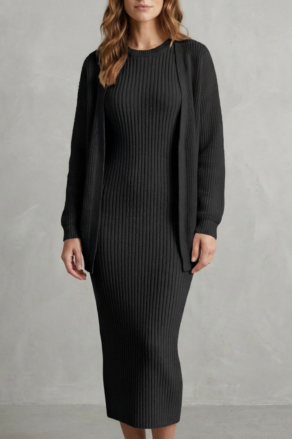 Women's Ribbed Knit Jumper Dress and Cardigan Two-Piece Set