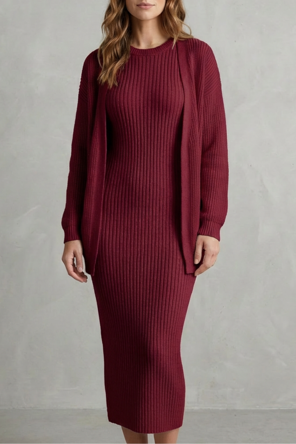 Women's Ribbed Knit Jumper Dress and Cardigan Two-Piece Set