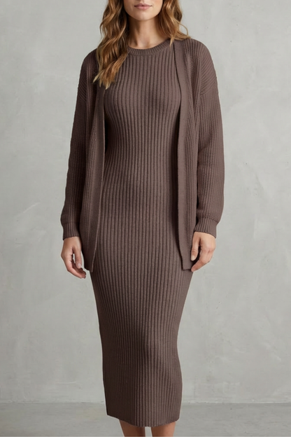 Women's Ribbed Knit Jumper Dress and Cardigan Two-Piece Set