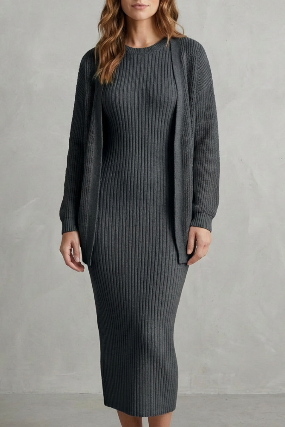 Women's Ribbed Knit Jumper Dress and Cardigan Two-Piece Set