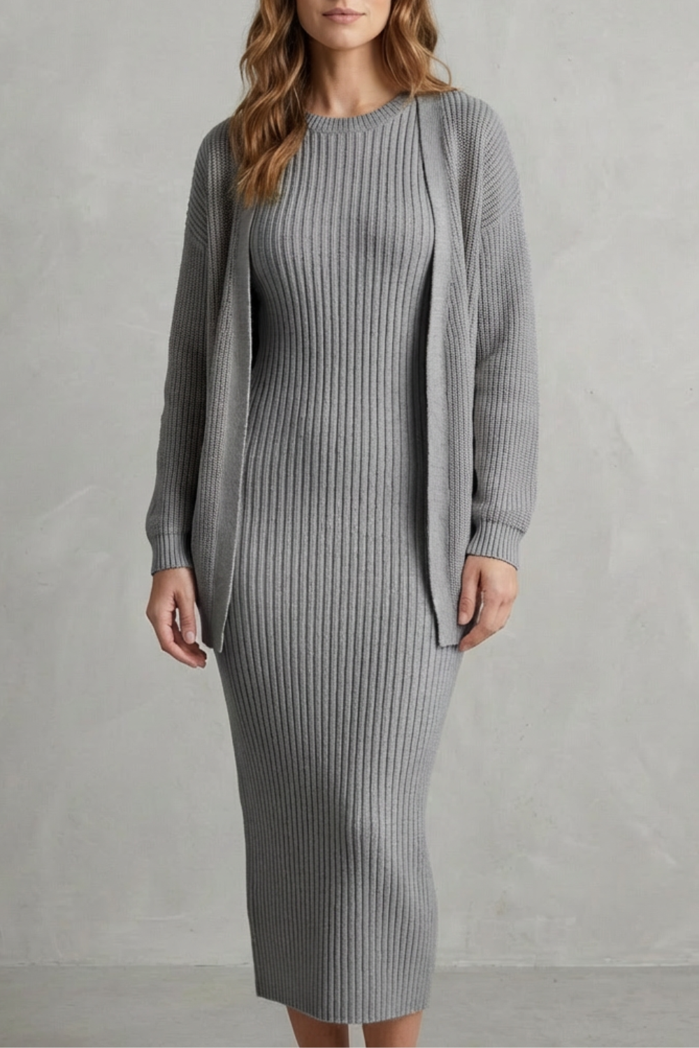 Women's Ribbed Knit Jumper Dress and Cardigan Two-Piece Set