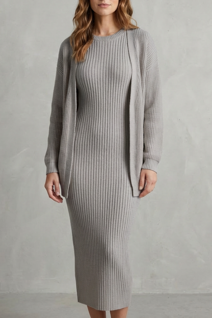 Women's Ribbed Knit Jumper Dress and Cardigan Two-Piece Set