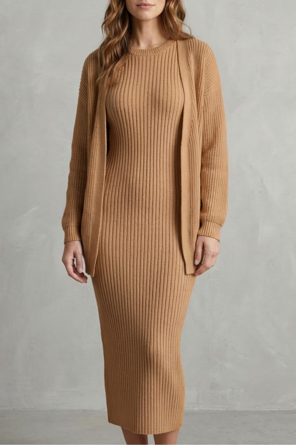 Women's Ribbed Knit Jumper Dress and Cardigan Two-Piece Set