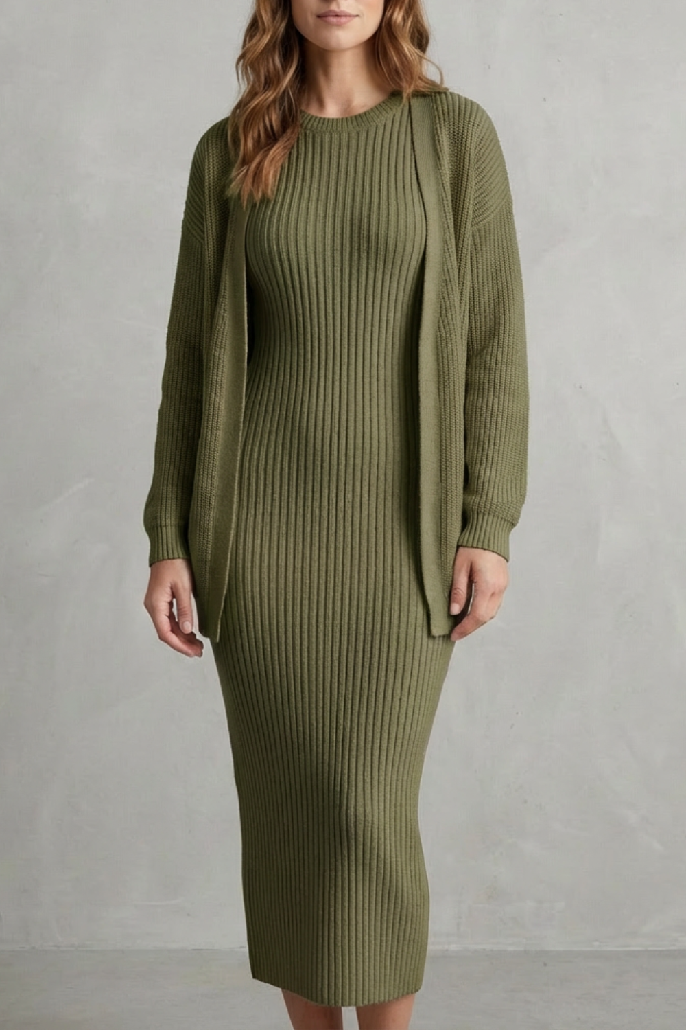 Women's Ribbed Knit Jumper Dress and Cardigan Two-Piece Set