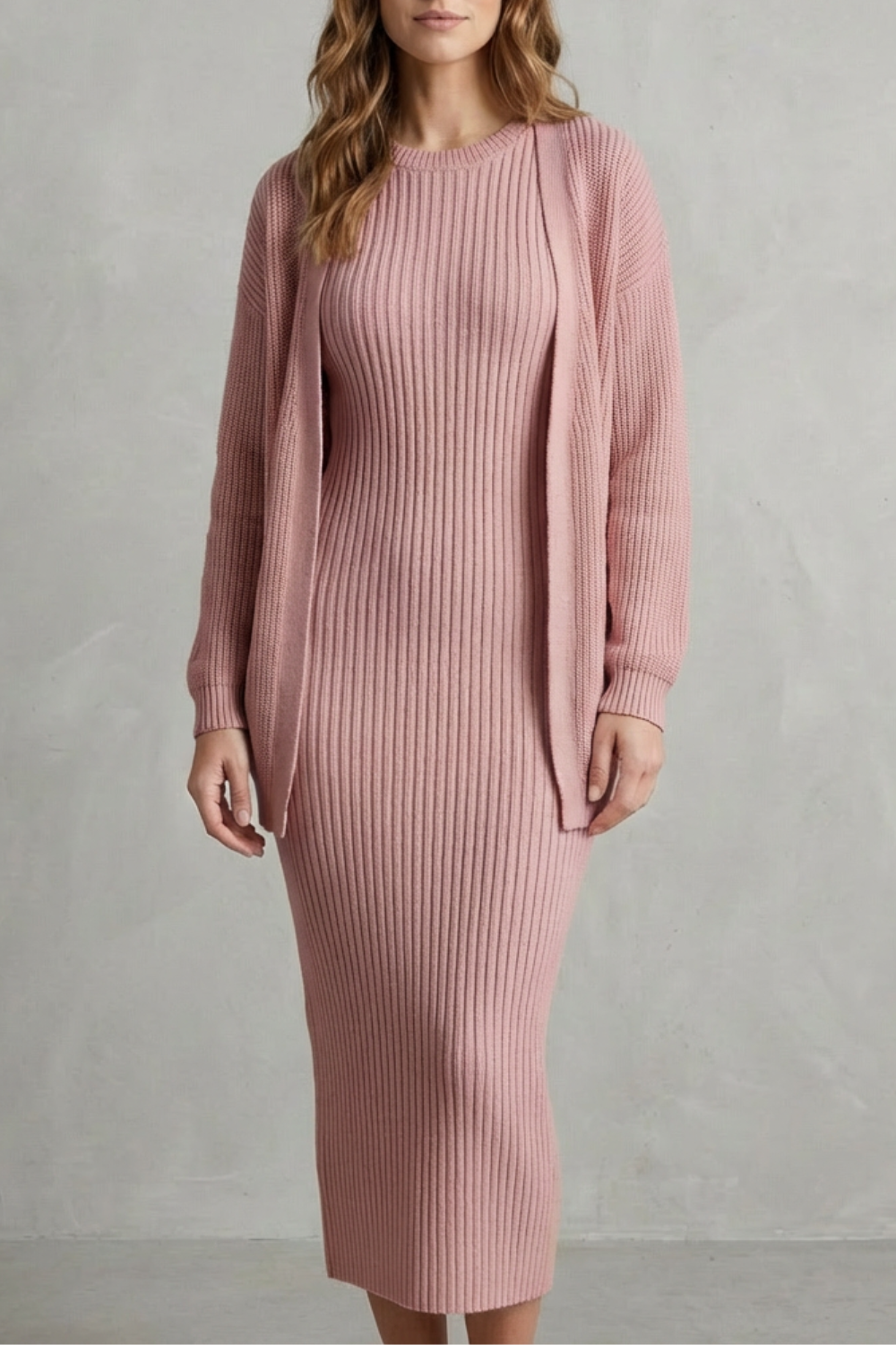 Women's Ribbed Knit Jumper Dress and Cardigan Two-Piece Set