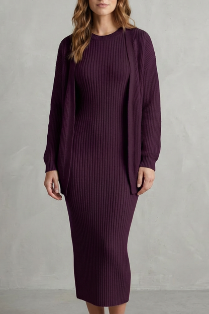 Women's Ribbed Knit Jumper Dress and Cardigan Two-Piece Set