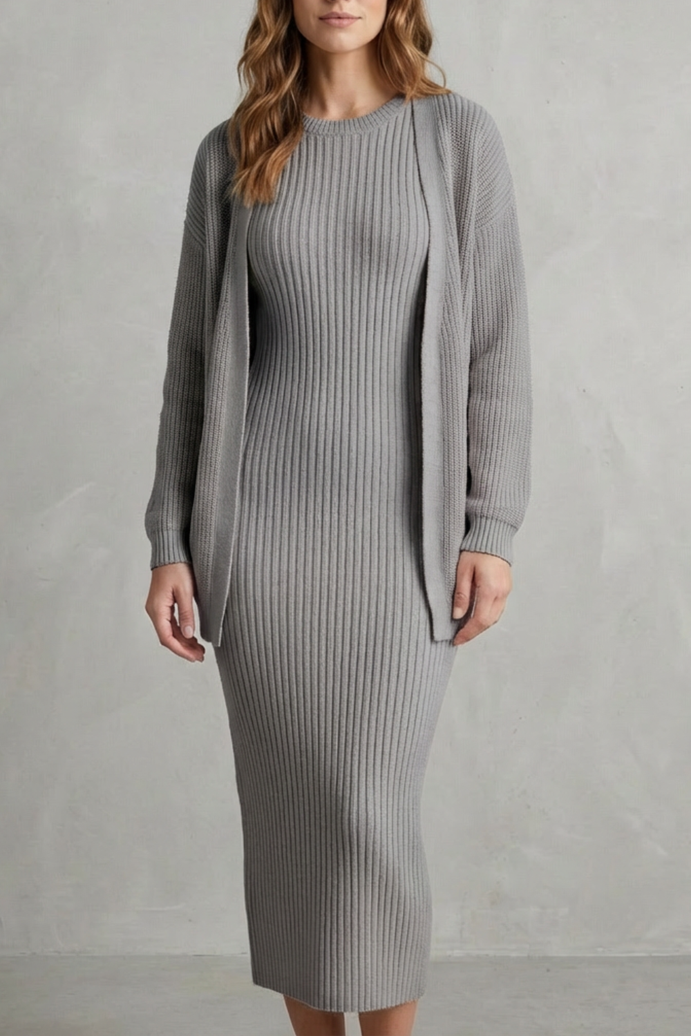 Women's Ribbed Knit Jumper Dress and Cardigan Two-Piece Set