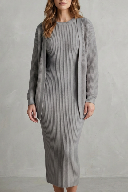 Women's Ribbed Knit Jumper Dress and Cardigan Two-Piece Set