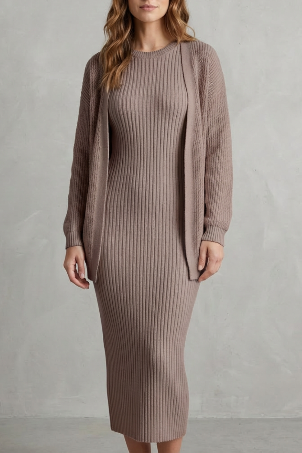 Women's Ribbed Knit Jumper Dress and Cardigan Two-Piece Set