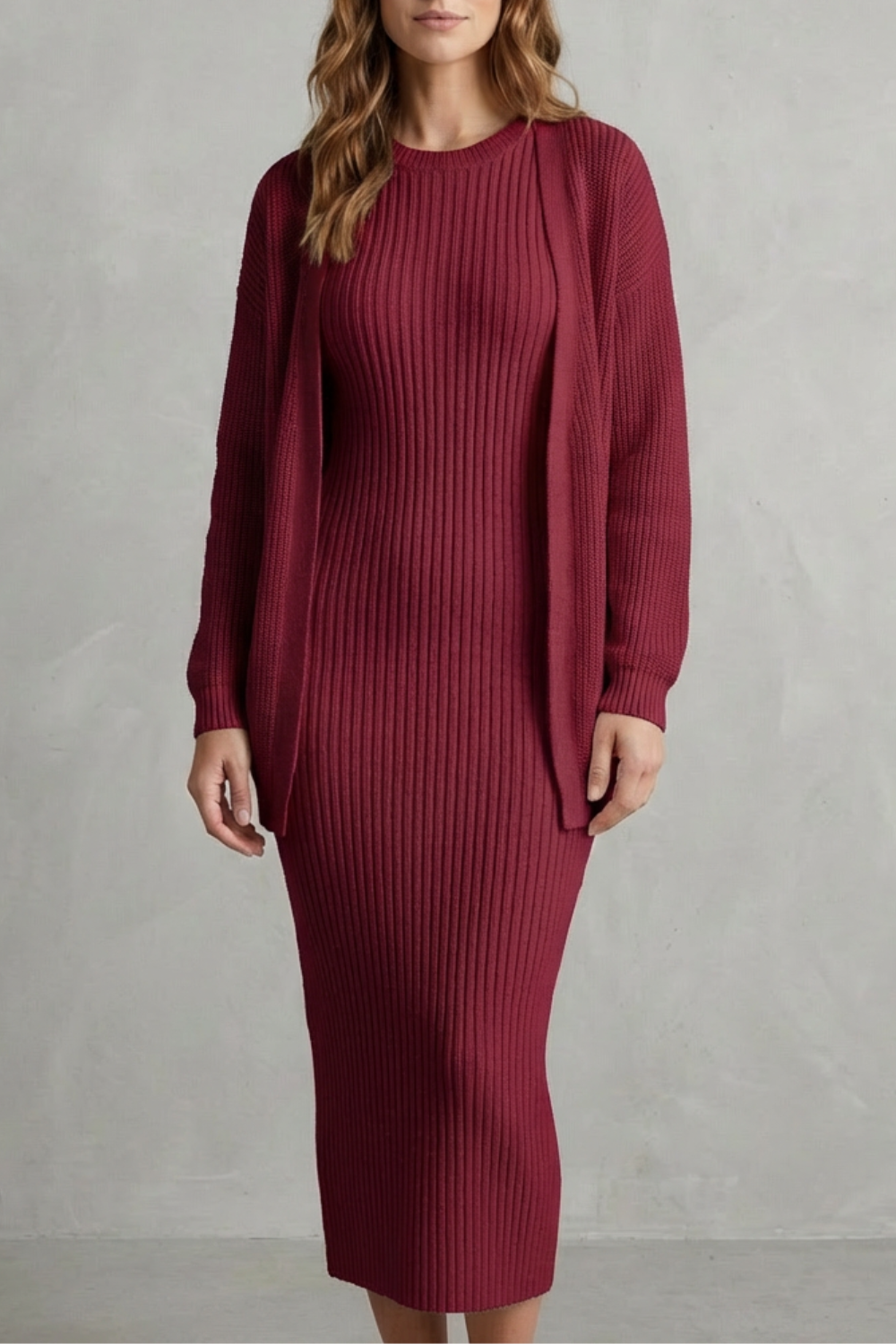 Women's Ribbed Knit Jumper Dress and Cardigan Two-Piece Set