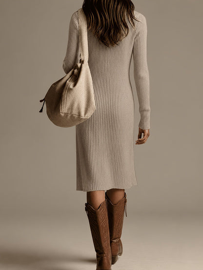 Women's Ribbed Knit Midi Dress with Button Placket and High Neck