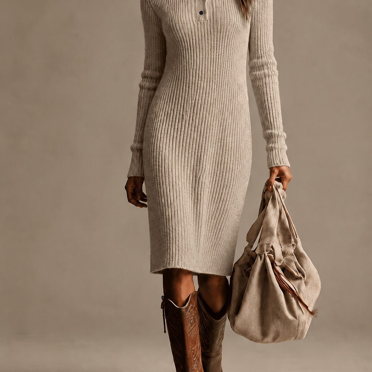 Women's Ribbed Knit Midi Dress with Button Placket and High Neck