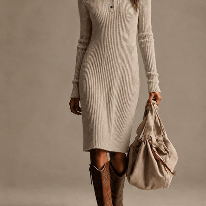 Women's Ribbed Knit Midi Dress with Button Placket and High Neck