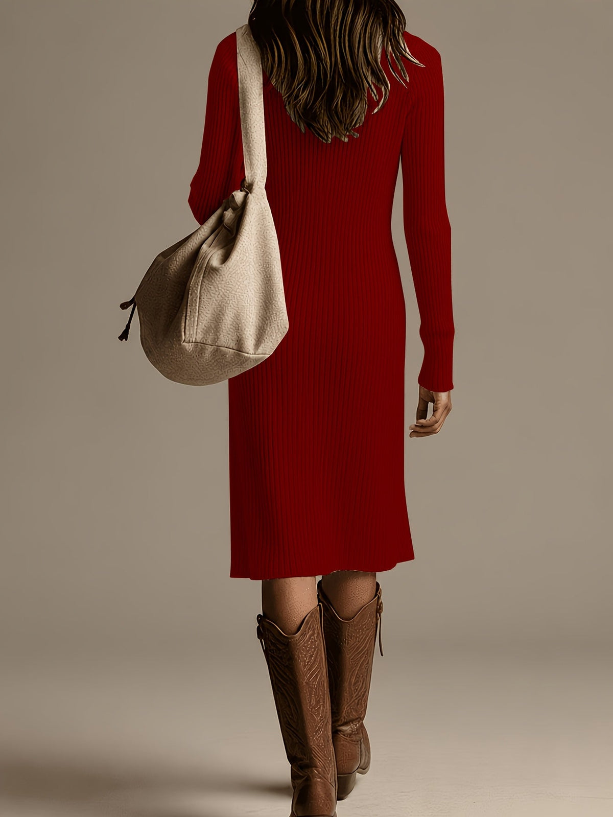 Women's Ribbed Knit Midi Dress with Button Placket and High Neck