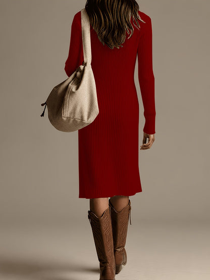 Women's Ribbed Knit Midi Dress with Button Placket and High Neck
