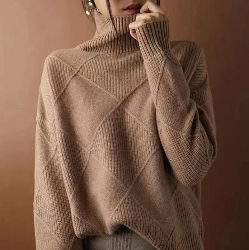 Women's Ribbed Knit Roll Neck Jumper with Long Sleeves