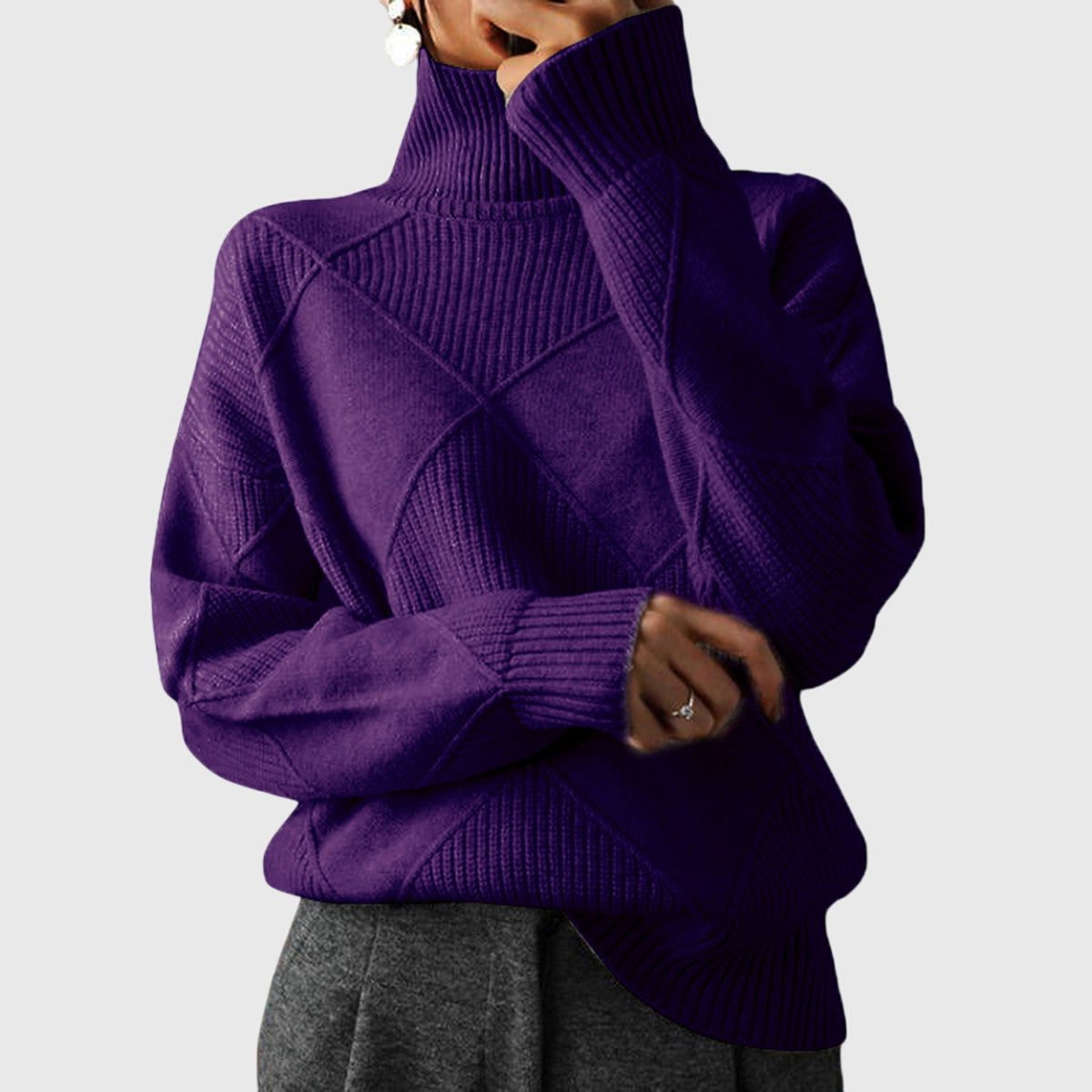 Women's Ribbed Knit Roll Neck Jumper with Long Sleeves