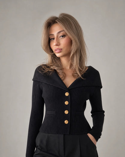 Black ribbed off shoulder cardigan with gold button fastening and sophisticated look by ILYNORA