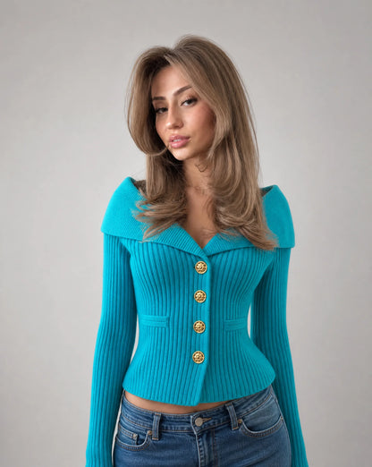 Blue ribbed off shoulder cardigan with fitted silhouette and gold button accents by ILYNORA