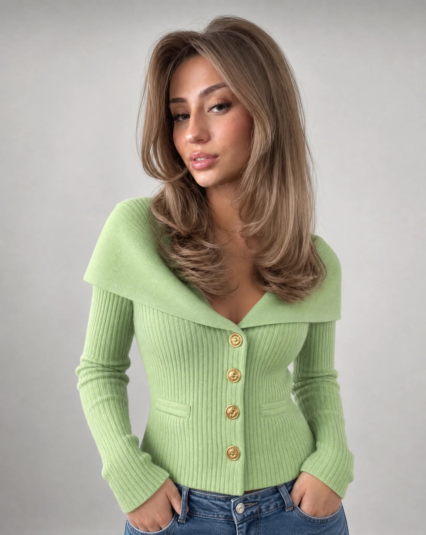 Green ribbed off shoulder cardigan with gold button fastening and casual chic styling by ILYNORA
