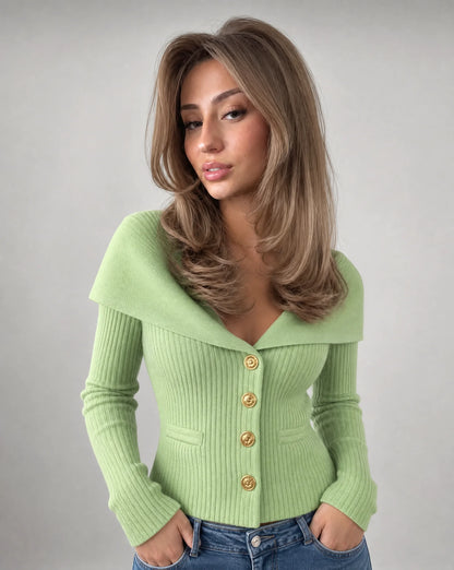 Green ribbed off shoulder cardigan with gold button fastening and casual chic styling by ILYNORA