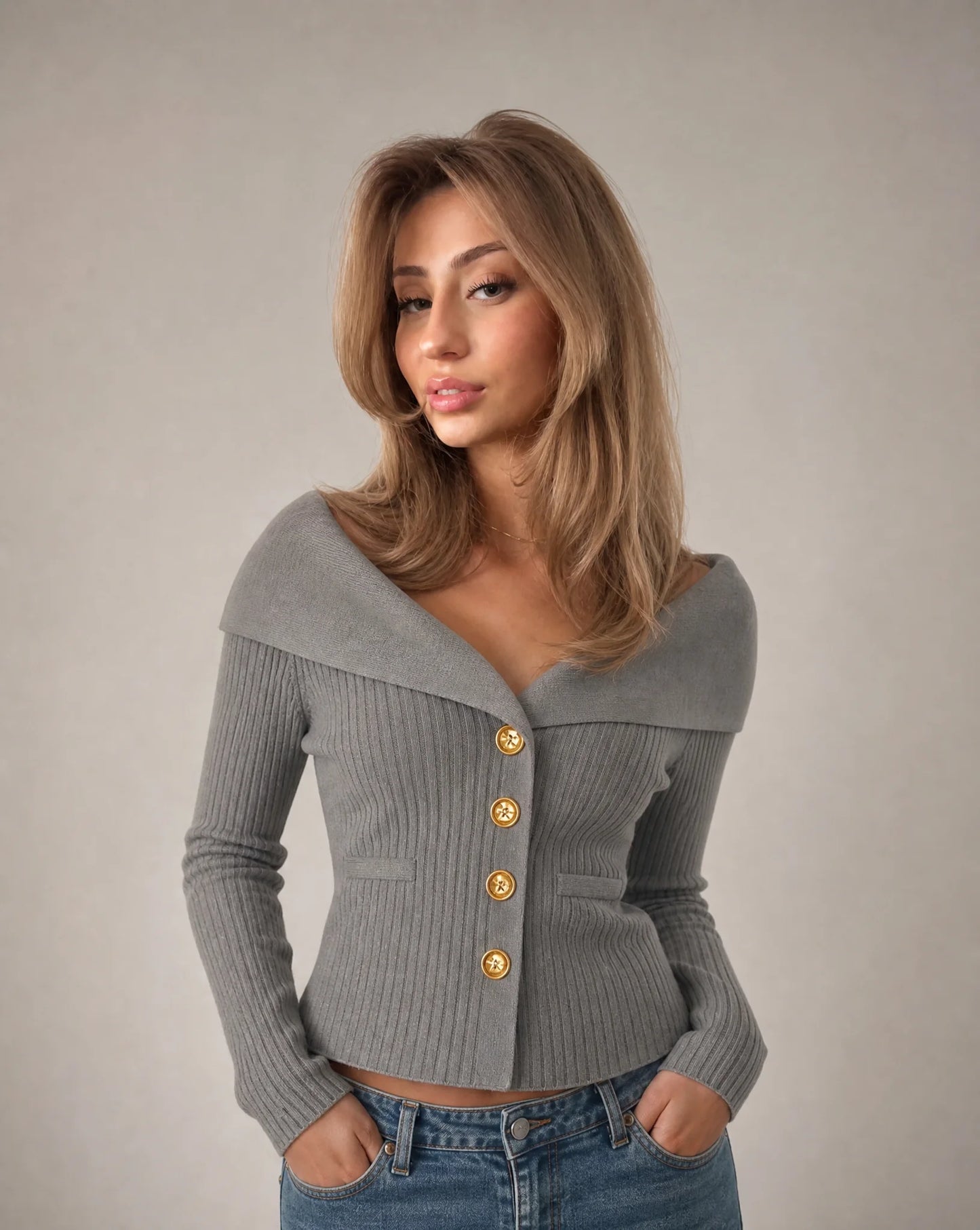 Grey ribbed off shoulder cardigan with gold button fastening and modern everyday styling by ILYNORA