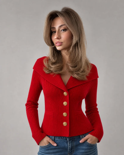 Red ribbed off shoulder cardigan with gold button detail and elegant everyday styling by ILYNORA