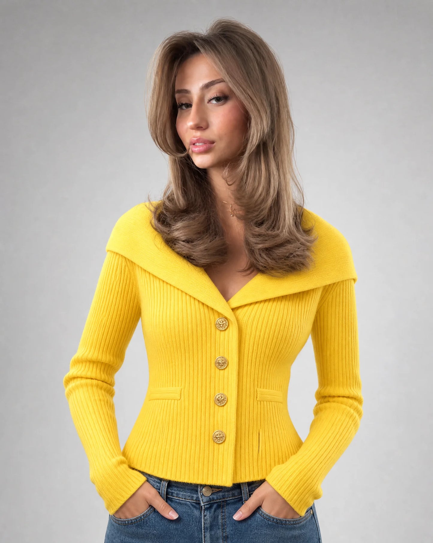Yellow ribbed off shoulder cardigan with gold button front and flattering fitted shape by ILYNORA