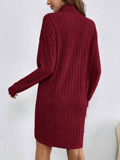 Women's Ribbed Roll Neck Jumper Dress with Stretch Knit