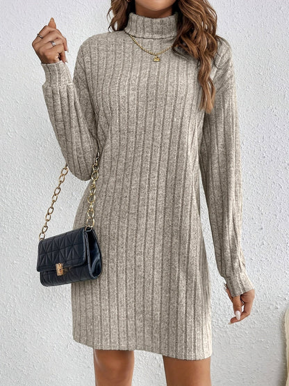 Women's Ribbed Roll Neck Jumper Dress with Stretch Knit