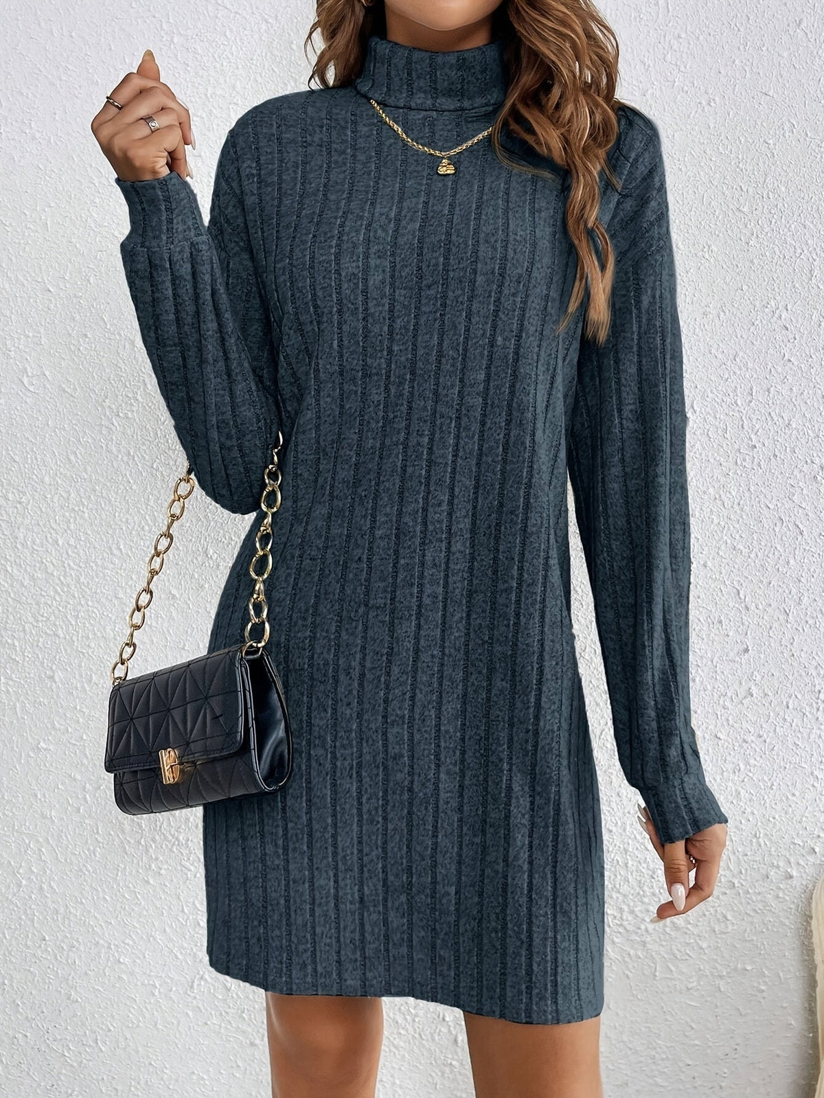 Women's Ribbed Roll Neck Jumper Dress with Stretch Knit